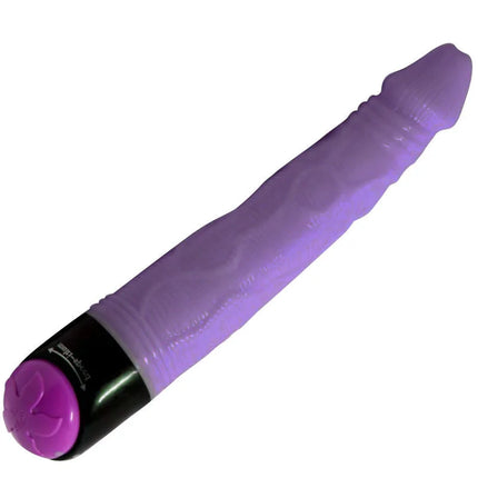 Lila Silikon-Vibrationsspielzeug mit texturierter Oberfläche und einer schwarzen Basis mit einem pinken runden Knopf.
