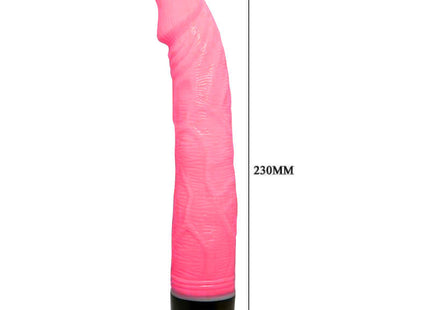 Pinkfarbener realistischer vibrator von baile mit strukturierter silikonoberfläche und schwarzem lila sockel 23 cm