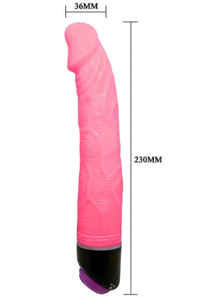 Pinkfarbener realistischer vibrator von baile mit strukturierter silikonoberfläche und schwarzem lila sockel 23 cm