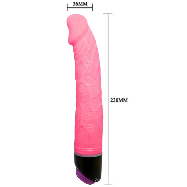 Pinkfarbener realistischer vibrator von baile mit strukturierter silikonoberfläche und schwarzem lila sockel 23 cm