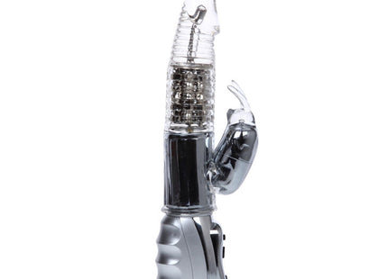Klarer plastik rabbit-vibrator mit silberner metallbasis und steuerungstasten baile amour raketen transparenter rotator 26,5 cm