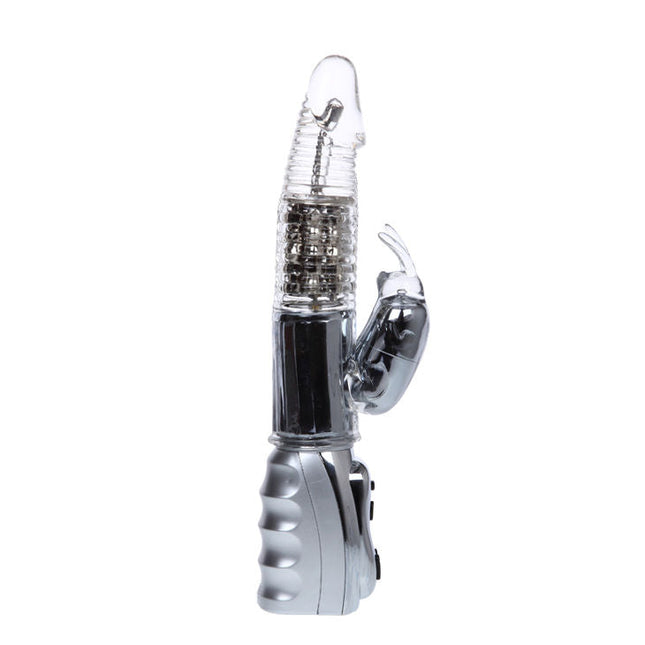 Klarer plastik rabbit-vibrator mit silberner metallbasis und steuerungstasten baile amour raketen transparenter rotator 26,5 cm