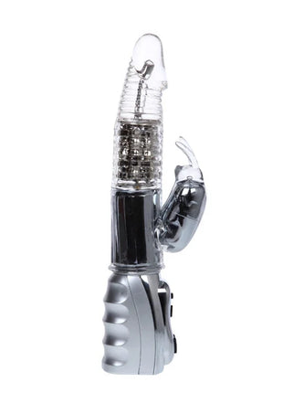 Klarer plastik rabbit-vibrator mit silberner metallbasis und steuerungstasten baile amour raketen transparenter rotator 26,5 cm