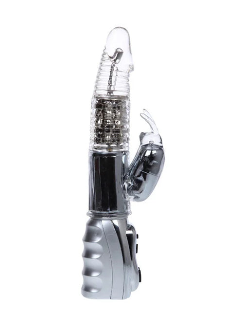 Klarer plastik rabbit-vibrator mit silberner metallbasis und steuerungstasten baile amour raketen transparenter rotator 26,5 cm