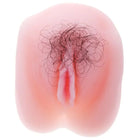 Pink silikon vaginalspielzeug mit realistischem dunkelbraunem haar und zentraler öffnung für penetration erleben
