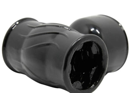 Schwarzer glänzender silikon doppelender dildo mit strukturierten rippen und abgerundeten enden von BAILE AUWECHSELBARER POWERKOPF für männliches massager