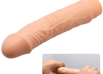 Beiger silikon dildo mit strukturierter oberfläche und geripptem griff baile barbara realistischer vibrator 20 cm
