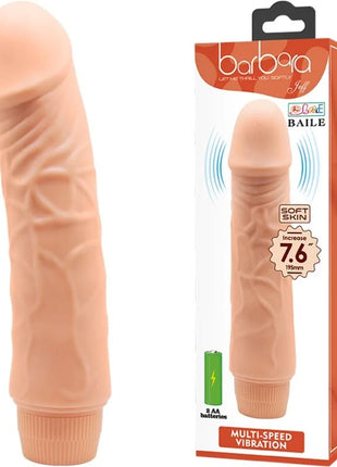 Peachfarbiger realistischer silikonvibrator barbara von baile mit strukturierter oberfläche und gerippter basis 20 cm