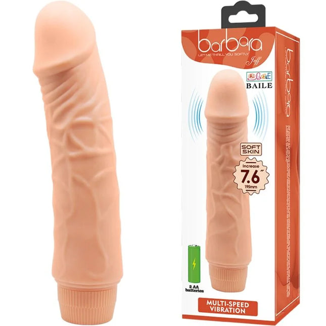 Peachfarbiger realistischer silikonvibrator barbara von baile mit strukturierter oberfläche und gerippter basis 20 cm