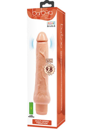 Barbora-Marke 9,8-Zoll-Silikon-Vibrator-Spielzeug mit weicher Hauttextur und Multi-Geschwindigkeits-Vibrationsfunktion, verpackt in einer orangenen Box.