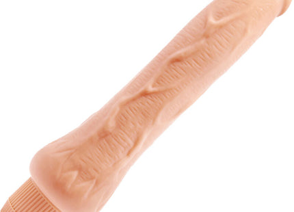 Peachfarbener silikon vibrator mit strukturierter oberfläche und geriffelter kappe von baile 25 cm lang