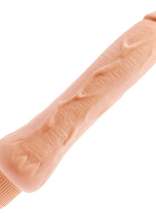 Peachfarbener silikon vibrator mit strukturierter oberfläche und geriffelter kappe von baile 25 cm lang