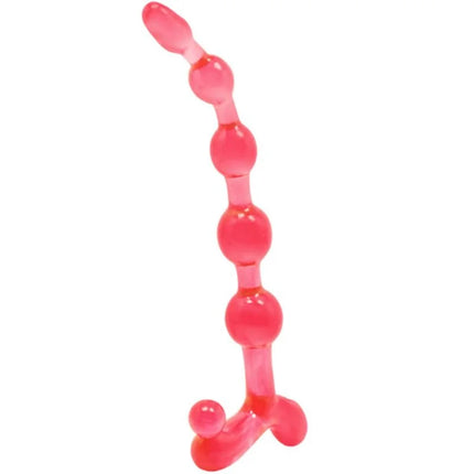 Ein transparenter rosa silikon analplug mit einer reihe abgerundeter perlen und einem breiten stützfuß von baile bendy twist rote analblle