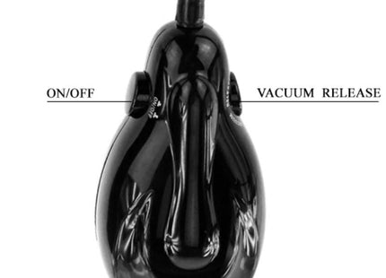 Schwarzer glänzender plastikstaubsauger mit modernem design und beschrifteten bedienelementen für power und vakuumfreigabe