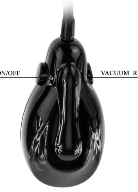 Schwarzer glänzender plastikstaubsauger mit modernem design und beschrifteten bedienelementen für power und vakuumfreigabe