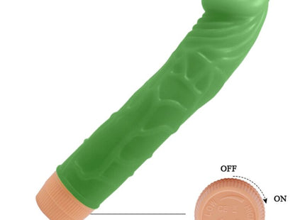 Grüner silikonvibrator mit strukturierter oberfläche und pfirsichfarbenem sockel mit einstellbaren kraftstufen