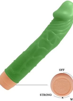 Grüner silikonvibrator mit strukturierter oberfläche und pfirsichfarbenem sockel mit einstellbaren kraftstufen