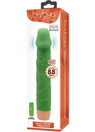 Grüner silikonvibrator mit tanfarbener basis und texturiertem griff in orangefarbener verpackung von barbara baile