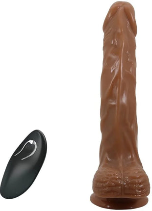 Brauner silikon vibrator bodach mit realistischem strukturiertem oberfläche und schwarzer fernbedienung mit silbernem logo