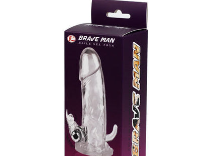 Klarer transparenter silikon dildo mit strukturierter griffzone und gebogenem sockel in lila brave man verpackung