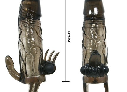 Transparente braune silikon penishülle mit klitoris und analstimulation, schwarzen knopfen und ring am fuß von baile
