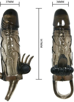 Transparente braune silikon penishülle mit klitoris und analstimulation, schwarzen knopfen und ring am fuß von baile