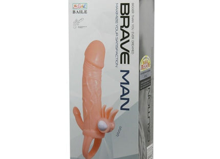 Peachfarbene silikonvibrations penis hülle mit strukturierter oberfläche und weißem knopfbasis von baile brave man