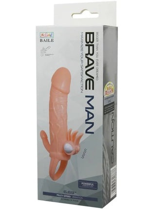 Peachfarbene silikonvibrations penis hülle mit strukturierter oberfläche und weißem knopfbasis von baile brave man