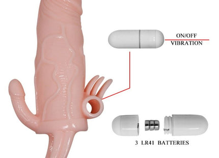 Rosa silikon vibrierender penishülle mit klitoris und analstimulation inklusive zylindrischem batteriegehäuse und drei lr41 batterien