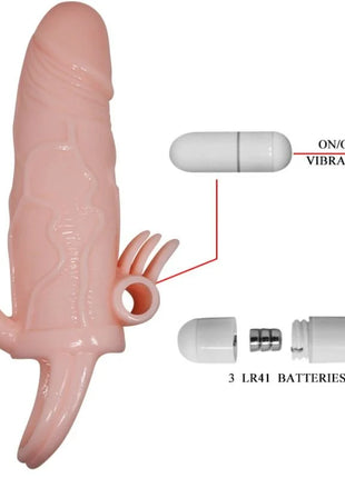 Rosa silikon vibrierender penishülle mit klitoris und analstimulation inklusive zylindrischem batteriegehäuse und drei lr41 batterien