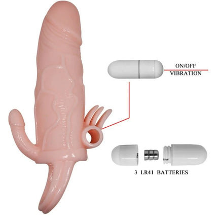 Rosa silikon vibrierender penishülle mit klitoris und analstimulation inklusive zylindrischem batteriegehäuse und drei lr41 batterien