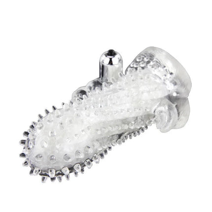 Klarer transparenter silikon-fingerüberzug mit metallischer silberspitze und strukturierter oberfläche für baile brave man rabbit vibrator penisverlängerung