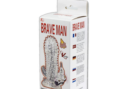 Weiße kartonverpackung mit durchsichtigem kaktusförmigem silikonspielzeug mit silbernen akzenten und markenname brave man
