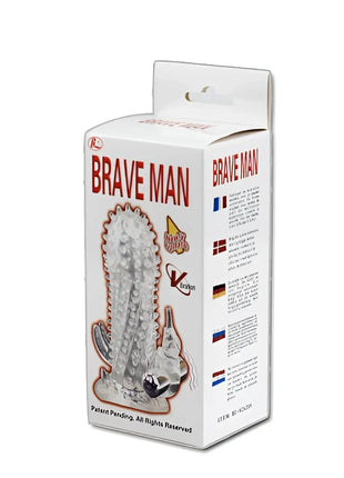 Weiße kartonverpackung mit durchsichtigem kaktusförmigem silikonspielzeug mit silbernen akzenten und markenname brave man