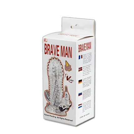 Weiße kartonverpackung mit durchsichtigem kaktusförmigem silikonspielzeug mit silbernen akzenten und markenname brave man