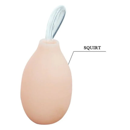 Pink silikon brunnenvibrator dildo mit squirtfunktion und klarem plastikmundstück labeled squirt