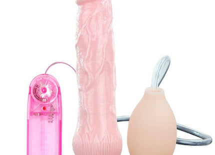 Pink silikon dildo mit strukturierter oberfläche und basis mit pinkem akkupack und beigem pumpball mit zugfunktion