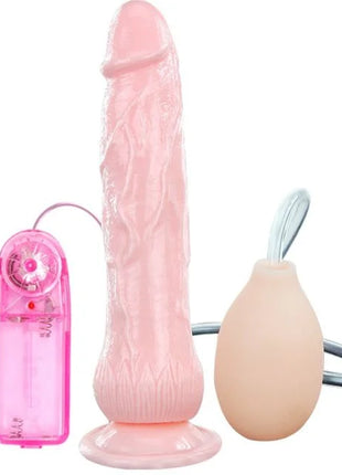 Pink silikon dildo mit strukturierter oberfläche und basis mit pinkem akkupack und beigem pumpball mit zugfunktion