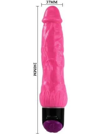 Ein bunter sex lila realistischer vibrator 24 cm lang mit pinker texturierter oberfläche und schwarzer basis mit lila knopf