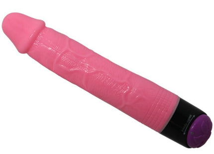 Baile bunter sex realistischer vibrator rosa 23 cm aus silikon mit strukturierter oberfläche und lila knopfleiste