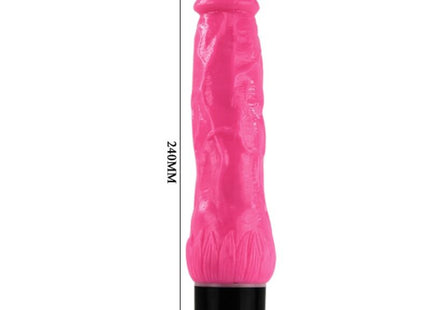 Ein leuchtend rosa, 24 cm langer Silikonvibrator von Baile mit strukturierter Oberfläche und schwarzer Basis