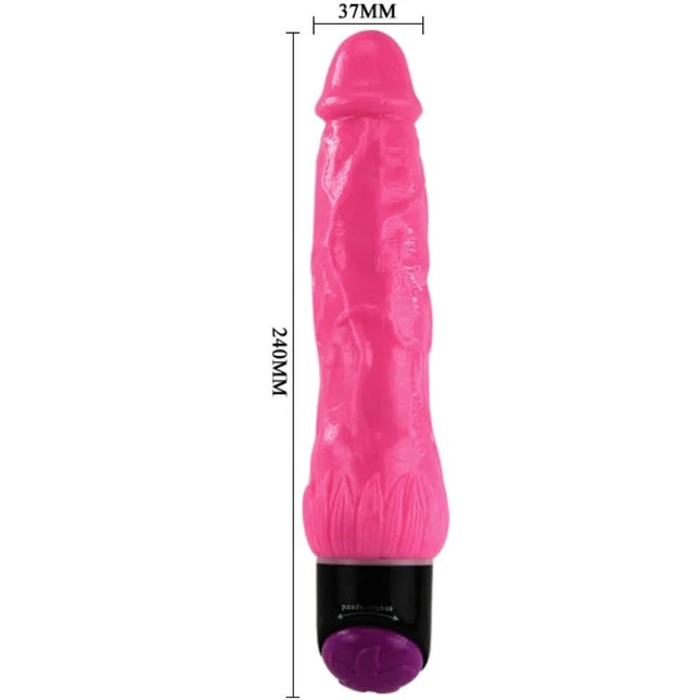 Ein leuchtend rosa, 24 cm langer Silikonvibrator von Baile mit strukturierter Oberfläche und schwarzer Basis