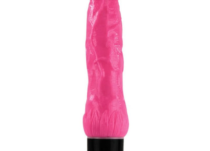 Ein lebhafter rosa texturierter silikon vibrator mit schwarzer basis und lila knopf von baile 24 cm lang