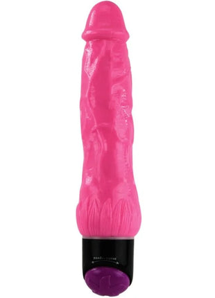 Ein lebhafter rosa texturierter silikon vibrator mit schwarzer basis und lila knopf von baile 24 cm lang