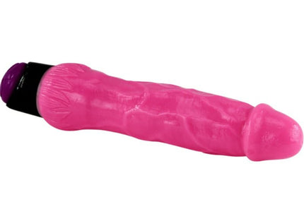 Vibrant pink silikon vibrator mit strukturierter oberfläche und schwarz-lila kapselierter spitze 24 cm lang