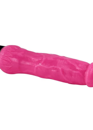 Vibrant pink silikon vibrator mit strukturierter oberfläche und schwarz-lila kapselierter spitze 24 cm lang