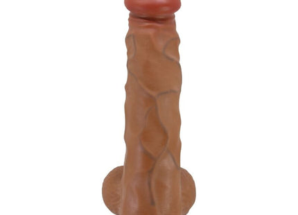 Tanfarbener, texturierter silikon dildo mit abgerundetem kopf und fußteil aus baile buraq realistic 24 cm fleisch