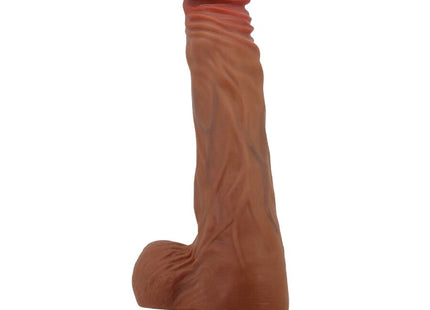 Brauner silikon dildo mit rotem kopf und strukturierter schaft auf rundem sockel baile calisto realistischer dildo 24 cm hautfarben