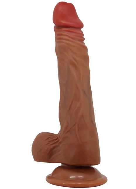 Brauner silikon dildo mit rotem kopf und strukturierter schaft auf rundem sockel baile calisto realistischer dildo 24 cm hautfarben
