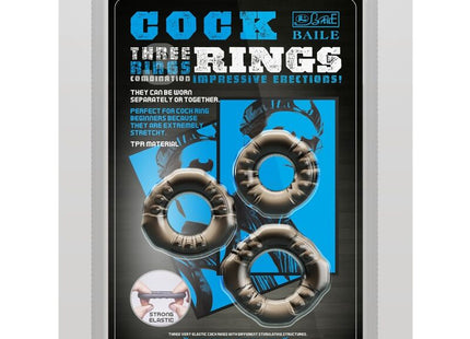 Set aus drei metallisch grauen tpr cockringen mit strukturierter, gerippter oberfläche in verschiedenen größen von Baile